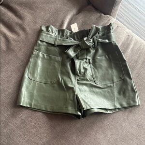 Francesca's Collections Olive Green Faux Leather High-Waist Tie-Belt Shorts